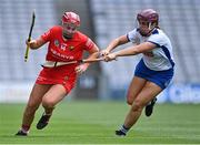 23 July 2022; Chloe Sigerson of Cork in action against Iona Heffernan of Waterford during the Glen Dimplex Senior Camogie All-Ireland Championship Semi-Final match between Cork and Waterford at Croke Park in Dublin. Photo by Piaras Ó Mídheach/Sportsfile