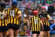 23 July 2022; Sophie Dwyer of Kilkenny, right, celebrates with teammate Katie Nolan after their side's victory in the Glen Dimplex Senior Camogie All-Ireland Championship Semi-Final match between Galway and Kilkenny at Croke Park in Dublin. Photo by Piaras Ó Mídheach/Sportsfile