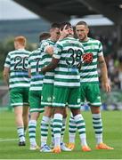 23 July 2022; Aidomo Emakhu of Shamrock Rovers, 38, celebrates with teammates Gary O'Neill after scoring their side's first goal during the SSE Airtricity League Premier Division match between Shamrock Rovers and Drogheda United at Tallaght Stadium in Dublin. Photo by Seb Daly/Sportsfile