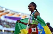 23 July 2022; Gudaf Tsegay of Ethiopia celebrates after winning gold in the women's 5000m final during day nine of the World Athletics Championships at Hayward Field in Eugene, Oregon, USA. Photo by Sam Barnes/Sportsfile