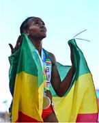 23 July 2022; Gudaf Tsegay of Ethiopia celebrates after winning gold in the women's 5000m final during day nine of the World Athletics Championships at Hayward Field in Eugene, Oregon, USA. Photo by Sam Barnes/Sportsfile