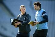 20 March 2022; Dublin manager Adrian O'Sullivan and technical coach Donie Fox, right, during the Littlewoods Ireland Camogie League Division 1 match between Dublin and Down at Croke Park in Dublin. Photo by Stephen McCarthy/Sportsfile