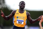 24 July 2022; Israel Olatunde of U.C.D. A.C. reacts after competing in the Senior 100m during day two of the AAI Games and Combined Events Track and Field Championships at Tullamore, Offaly. Photo by George Tewkesbury/Sportsfile