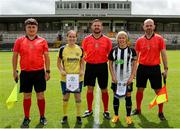 24 July 2022; Referee Mark Kennedy and his officials with Douglas Hall captain Amy McCarthy, left, and Charlie Graham of Whitehall Rangers before the FAI Women’s Intermediate Cup Final 2022 match between Douglas Hall LFC and Whitehall Rangers at Turners Cross in Cork. Photo by Michael P Ryan/Sportsfile
