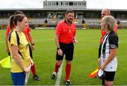 24 July 2022; Referee Mark Kennedy performs the coin toss before the FAI Women’s Intermediate Cup Final 2022 match between Douglas Hall LFC and Whitehall Rangers at Turners Cross in Cork. Photo by Michael P Ryan/Sportsfile