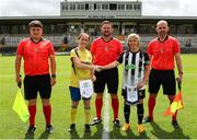 24 July 2022; Referee Mark Kennedy and his officials with Douglas Hall captain Amy McCarthy, left, and Charlie Graham of Whitehall Rangers before the FAI Women’s Intermediate Cup Final 2022 match between Douglas Hall LFC and Whitehall Rangers at Turners Cross in Cork. Photo by Michael P Ryan/Sportsfile