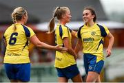 24 July 2022; Alison O'Connell of Douglas Hall, right, celebrates after scoring her side's first goal during the FAI Women’s Intermediate Cup Final 2022 match between Douglas Hall LFC and Whitehall Rangers at Turners Cross in Cork. Photo by Michael P Ryan/Sportsfile
