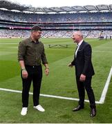 24 July 2022; Former Dublin player and manager Jim Gavin speaks with former Kerry player and manager Éamonn Fitzmaurice before the GAA Football All-Ireland Senior Championship Final match between Kerry and Galway at Croke Park in Dublin. Photo by Daire Brennan/Sportsfile
