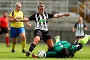 24 July 2022; Rebecca Creagh of Whitehall Rangers has a shot on goal blocked by Douglas Hall goalkeeper Tracey Kiely during the FAI Women’s Intermediate Cup Final 2022 match between Douglas Hall LFC and Whitehall Rangers at Turners Cross in Cork. Photo by Michael P Ryan/Sportsfile