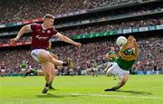 24 July 2022; Stephen O'Brien of Kerry blocks a shot at goal by Johnny Heaney of Galway during the GAA Football All-Ireland Senior Championship Final match between Kerry and Galway at Croke Park in Dublin. Photo by Ramsey Cardy/Sportsfile
