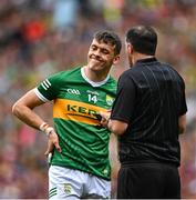 24 July 2022; Referee Seán Hurson with David Clifford of Kerry during the GAA Football All-Ireland Senior Championship Final match between Kerry and Galway at Croke Park in Dublin. Photo by David Fitzgerald/Sportsfile