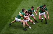 24 July 2022; Cillian McDaid of Galway in action against Kerry players, left to right, Jack Barry, Brian Ó Beaglaíoch, and Paul Geaney during the GAA Football All-Ireland Senior Championship Final match between Kerry and Galway at Croke Park in Dublin. Photo by Daire Brennan/Sportsfile