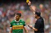 24 July 2022; David Clifford of Kerry reacts as referee Seán Hurson shows him a yellow card during the GAA Football All-Ireland Senior Championship Final match between Kerry and Galway at Croke Park in Dublin. Photo by David Fitzgerald/Sportsfile