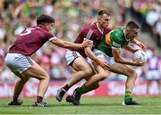 24 July 2022; Seán O'Shea of Kerry in action against Galway players Seán Kelly, left, and Liam Silke during the GAA Football All-Ireland Senior Championship Final match between Kerry and Galway at Croke Park in Dublin. Photo by Piaras Ó Mídheach/Sportsfile