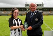 24 July 2022; FAI Amateur and Youth committee member Richard Browne presents the player of the match to Erika Browne after the FAI Women’s Intermediate Cup Final 2022 match between Douglas Hall LFC and Whitehall Rangers at Turners Cross in Cork. Photo by Michael P Ryan/Sportsfile