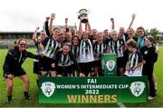24 July 2022; Whitehall Rangers captain Charlie Graham lifts the cup after the FAI Women’s Intermediate Cup Final 2022 match between Douglas Hall LFC and Whitehall Rangers at Turners Cross in Cork. Photo by Michael P Ryan/Sportsfile