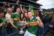 24 July 2022; Tadhg Morley of Kerry and family celebrate with the Sam Maguire Cup after the GAA Football All-Ireland Senior Championship Final match between Kerry and Galway at Croke Park in Dublin. Photo by Stephen McCarthy/Sportsfile