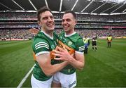 24 July 2022; David Moran, left, and Jack Barry of Kerry celebrate after the GAA Football All-Ireland Senior Championship Final match between Kerry and Galway at Croke Park in Dublin. Photo by Stephen McCarthy/Sportsfile