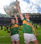 24 July 2022; Tom O'Sullivan, left, and Seán O'Shea of Kerry celebrate with the Sam Maguire trophy after the GAA Football All-Ireland Senior Championship Final match between Kerry and Galway at Croke Park in Dublin. Photo by Ramsey Cardy/Sportsfile