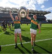 24 July 2022; Tom O'Sullivan, left, and Seán O'Shea of Kerry celebrate with the Sam Maguire trophy after the GAA Football All-Ireland Senior Championship Final match between Kerry and Galway at Croke Park in Dublin. Photo by Ramsey Cardy/Sportsfile