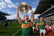 24 July 2022; Tadhg Morley of Kerry celebrates with the Sam Maguire trophy after the GAA Football All-Ireland Senior Championship Final match between Kerry and Galway at Croke Park in Dublin. Photo by Ramsey Cardy/Sportsfile
