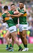 24 July 2022; Kerry players, from left, Tom O'Sullivan, Paudie Clifford and Stefan Okunbor celebrate after their side's victory in the GAA Football All-Ireland Senior Championship Final match between Kerry and Galway at Croke Park in Dublin. Photo by Piaras Ó Mídheach/Sportsfile