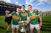 24 July 2022; Kerry players, from left, Tom O'Sullivan, David Clifford and Seán O'Shea celebrate with the Sam Maguire Cup after the GAA Football All-Ireland Senior Championship Final match between Kerry and Galway at Croke Park in Dublin. Photo by Stephen McCarthy/Sportsfile