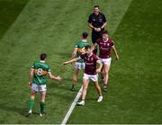 24 July 2022; Kerry players, David Moran, left, and Jack Barry, shake hands with Galway players, Paul Conroy, left, and Matthew Tierney before the GAA Football All-Ireland Senior Championship Final match between Kerry and Galway at Croke Park in Dublin. Photo by Daire Brennan/Sportsfile