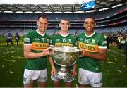 24 July 2022; Kerry players, from left, Jack Barry, Diarmuid O'Connor and Stefan Okunbor celebrate with the Sam Maguire Cup after the GAA Football All-Ireland Senior Championship Final match between Kerry and Galway at Croke Park in Dublin. Photo by Stephen McCarthy/Sportsfile