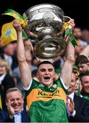 24 July 2022; Kerry captain Seán O'Shea lifts the Sam Maguire Cup after his side's victory in the GAA Football All-Ireland Senior Championship Final match between Kerry and Galway at Croke Park in Dublin. Photo by Piaras Ó Mídheach/Sportsfile