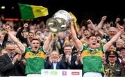 24 July 2022; Kerry captains Seán O'Shea, left, and Joe O'Connor lifts the Sam Maguire cup after the GAA Football All-Ireland Senior Championship Final match between Kerry and Galway at Croke Park in Dublin. Photo by Stephen McCarthy/Sportsfile