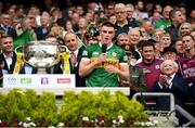 24 July 2022; President of Ireland Michael D Higgins watches on as Kerry captain Seán O'Shea makes his speech after lifting the Sam Maguire Cup following the GAA Football All-Ireland Senior Championship Final match between Kerry and Galway at Croke Park in Dublin. Photo by Stephen McCarthy/Sportsfile