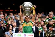 24 July 2022; Stefan Okunbor of Kerry lifts the Sam Maguire Cup after the GAA Football All-Ireland Senior Championship Final match between Kerry and Galway at Croke Park in Dublin. Photo by Stephen McCarthy/Sportsfile