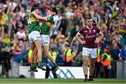 24 July 2022; David Clifford, left, and Seán O'Shea of Kerry celebrate alongside a dejected Liam Silke of Galway at the final whistle of the GAA Football All-Ireland Senior Championship Final match between Kerry and Galway at Croke Park in Dublin. Photo by Brendan Moran/Sportsfile