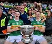 24 July 2022; Seán O'Shea, left, and Stephen O'Brien of Kerry celebrate with family and friends and the Sam Maguire cup after the GAA Football All-Ireland Senior Championship Final match between Kerry and Galway at Croke Park in Dublin. Photo by Brendan Moran/Sportsfile