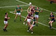 24 July 2022; Niall Daly, left, and Damien Comer of Galway contest a late high ball with Jason Foley, left, and Joe O'Connor of Kerry, near the end of the GAA Football All-Ireland Senior Championship Final match between Kerry and Galway at Croke Park in Dublin. Photo by Daire Brennan/Sportsfile