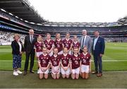 24 July 2022; Cumann na mBunscol Chairperson Mairéad O'Callaghan, Uachtarán Chumann Lúthchleas Gael Larry McCarthy, INTO General Secretary John Boyle, and LGFA president Micheál Naughton, with the Galway team, back row, left to right, Aine McCullagh, Queen of the Universe N.S., Bagenalstown, Carlow, Lauren de Burca, Scoil Bhride, Ranelagh, Dublin, Lola Matthews, Killinkere N.S., Virginia, Cavan, Katelynn Wilson Daniels, Holy Family SNS, Swords, Dublin, Mabel Keane, Leitrim N.S., Leitrim Village, Leitrim, front row, left to right, Aoife Maguire, Emper N.S., Ballynacargy, Westmeath, Sophie Griffiths, Rockfield N.S., Coolaney, Sligo, Olivia Donnelly, St Mary's PS, Maghera, Derry, Grace Gunn, Abbeycartron N.S., Elphin, Roscommon, Jessica Lombard, St. Pius X GNS, Terenure, Dublin, before the INTO Cumann na mBunscol GAA Respect Exhibition Go Games at GAA All-Ireland Senior Football Championship Final match between Kerry and Galway at Croke Park in Dublin. Photo by Daire Brennan/Sportsfile