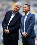 24 July 2022; Charlie Redmond, left, and Jason Sherlock of the 1995 Dublin All-Ireland winning team as the Jubilee teams are introduced to the crowd before the GAA All-Ireland Senior Football Championship Final match between Kerry and Galway at Croke Park in Dublin. Photo by Piaras Ó Mídheach/Sportsfile