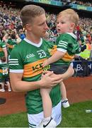 24 July 2022; Gavin Crowley of Kerry celebrates with his son Arlo after the GAA Football All-Ireland Senior Championship Final match between Kerry and Galway at Croke Park in Dublin. Photo by Brendan Moran/Sportsfile
