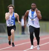 24 July 2022; Uchechukwu Ogbene of Titans A.C., right, competing in the Senior 100m during day two of the AAI Games and Combined Events Track and Field Championships at Tullamore, Offaly. Photo by George Tewkesbury/Sportsfile