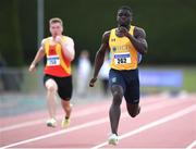 24 July 2022; Israel Olatunde of U.C.D. A.C. competing in the Senior 100m during day two of the AAI Games and Combined Events Track and Field Championships at Tullamore, Offaly. Photo by George Tewkesbury/Sportsfile