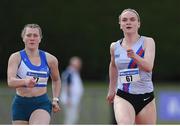 24 July 2022; Sive O'Toole of St. L. OToole A.C., left, and Mollie O'Reilly of Dundrum, South Dublin A.C. competing in the Senior 100m competing in the Senior 100m during day two of the AAI Games and Combined Events Track and Field Championships at Tullamore, Offaly. Photo by George Tewkesbury/Sportsfile