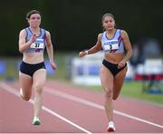24 July 2022; Jennifer Hanrahan of Dundrum South Dublin A.C., left, and Kate Doherty of Dundrum South Dublin A.C. competing in the Senior 100m during day two of the AAI Games and Combined Events Track and Field Championships at Tullamore, Offaly. Photo by George Tewkesbury/Sportsfile