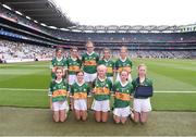 24 July 2022; The Kerry team, back row, left to right, Ava O'Connor, Scoil Naomh Maodhóg, Enniscorthy, Wexford, Elanor Fallon, St Ultan's N.S., Bohermeen, Meath, Caitlyn Mahon, Scoil Bhríde, Carrickmacross, Monaghan, Lily O’Riordan, Cullina N.S., Killarney, Kerry, Niamh O'Connor, Cloghroe NS, Cloghroe, Cork, front row, left to right, Megan Mullally, Holy Trinity PS, Enniskillen, Fermanagh, Ciara Fennell, Coolnasmear N.S., Dungarvan, Waterford, Chloe Clarke, Newcastle, Tipperary, Meabh Donnelly, St. Joseph's P.S., Drumquin, Tyrone, Rosie Colleran, St Laurence O’Tooles N.S., Roundwood, Wicklow, before the INTO Cumann na mBunscol GAA Respect Exhibition Go Games at GAA All-Ireland Senior Football Championship Final match between Kerry and Galway at Croke Park in Dublin. Photo by Daire Brennan/Sportsfile