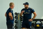 26 July 2022; Charlie Ngatai speaks with senior coach Stuart Lancaster during a Leinster Rugby Gym session at Leinster HQ in Dublin. Photo by Harry Murphy/Sportsfile