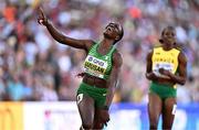 24 July 2022; Tobi Amusan of Nigeria celebrates winning gold in the women's 100m hurdles final during day ten of the World Athletics Championships at Hayward Field in Eugene, Oregon, USA. Photo by Sam Barnes/Sportsfile