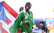 24 July 2022; Tobi Amusan of Nigeria celebrates winning gold in the women's 100m hurdles final during day ten of the World Athletics Championships at Hayward Field in Eugene, Oregon, USA. Photo by Sam Barnes/Sportsfile