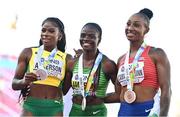 24 July 2022; Gold medallist Tobi Amusan of Nigeria, centre, with silver medallist Britany Anderson of Jamaica and bronze medallist Jasmine Camacho-Quinn of Puerto Rico after the women's 100m hurdles final during day ten of the World Athletics Championships at Hayward Field in Eugene, Oregon, USA. Photo by Sam Barnes/Sportsfile