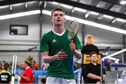 25 July 2022; Dylan Noble of Team Ireland competing in the mens singles badminton match against Romeo Makboul of Sweden during day one of the 2022 European Youth Summer Olympic Festival at Banská Bystrica, Slovakia. Photo by Eóin Noonan/Sportsfile