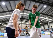 25 July 2022; Dylan Noble of Team Ireland speaking with Team Ireland coach Chloe Magee during the mens singles badminton match against Romeo Makboul of Sweden during day one of the 2022 European Youth Summer Olympic Festival at Banská Bystrica, Slovakia. Photo by Eóin Noonan/Sportsfile
